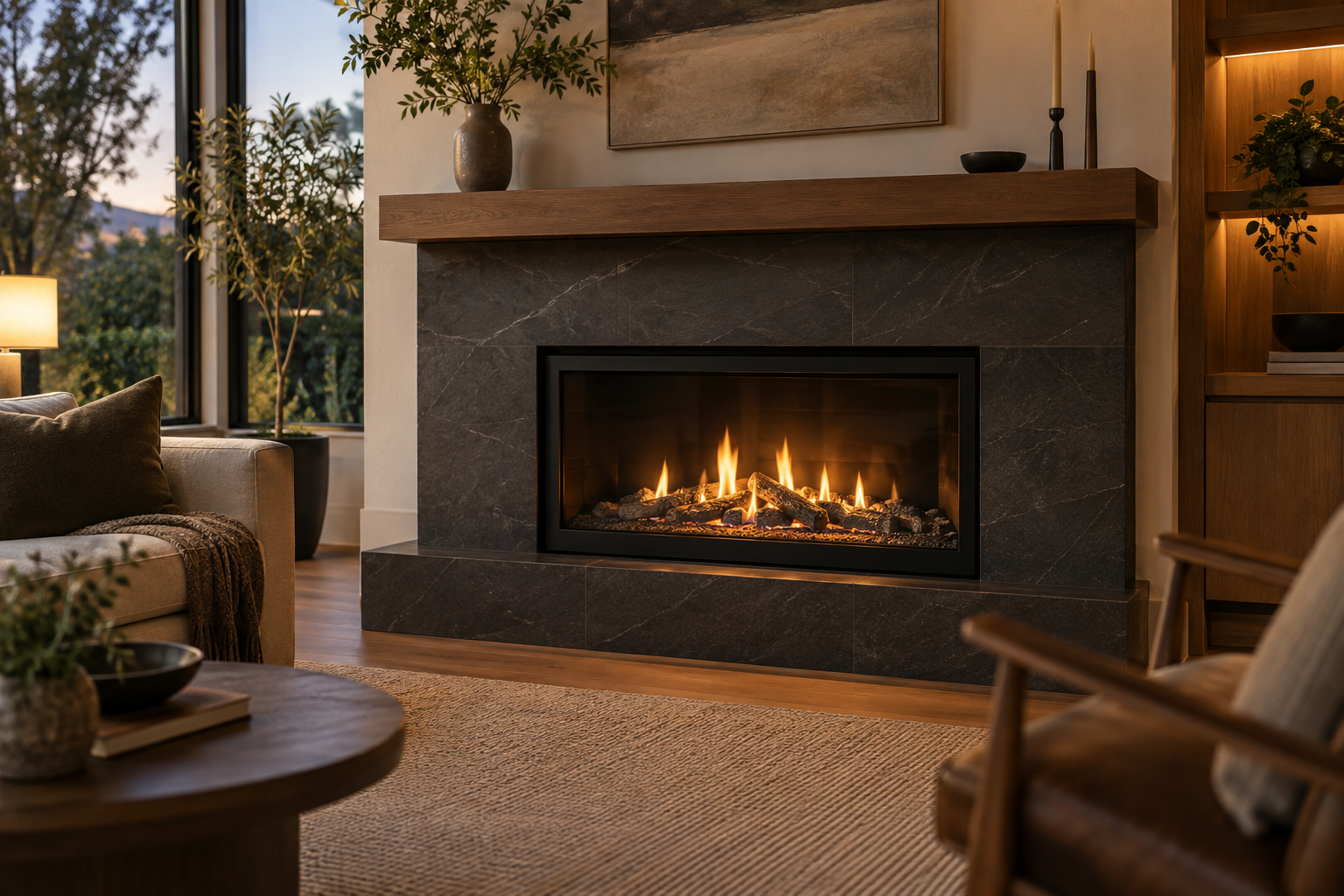 A clean modern gas fireplace with a warm flame